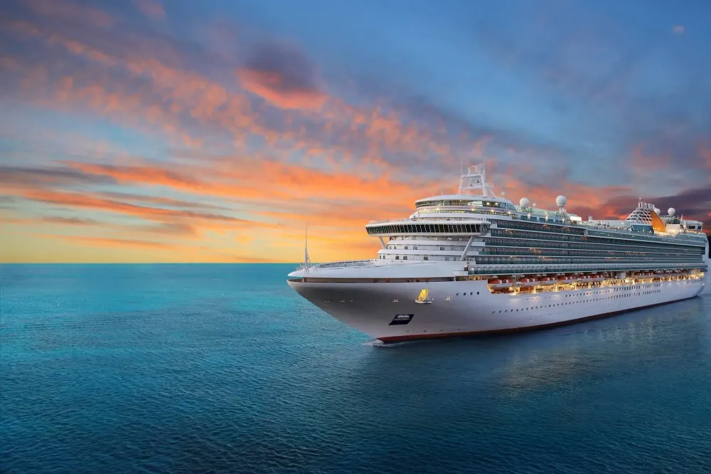 Cruise ship sailing at sunset
